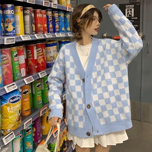 Korean Fashion Cardigan Designer Chessboard Women Sweater Single Breasted Knitted Garment Loose Jumper Plaid Casual Sweater 2021