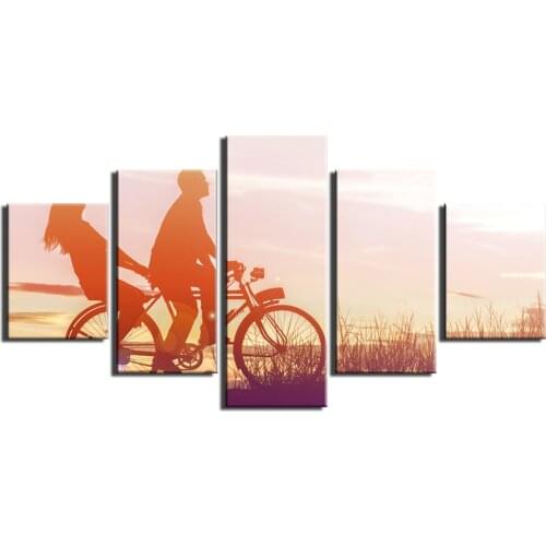 5 Pcs Romantic Couple on Bicycle in Sun Canvas Pictures Print Wall Art Canvas Painting Wall Decorations for Living Room Unframe