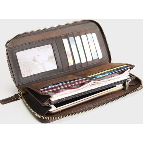 Genuine Leather Wallet For Men Male Mens Vintage Crazy Horse Long Zipper Clutch Bag Phone Purse With Card Holder Coin Pocket