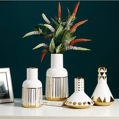 Creative Plating Golden Ceramic Vase Art Gilded Flower Arrangement Container Dried Flower Hydroponic Vase Room Office Decoration