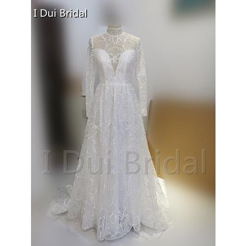 High Neck Long Sleeve Sequin Lace A Line Wedding Dress
