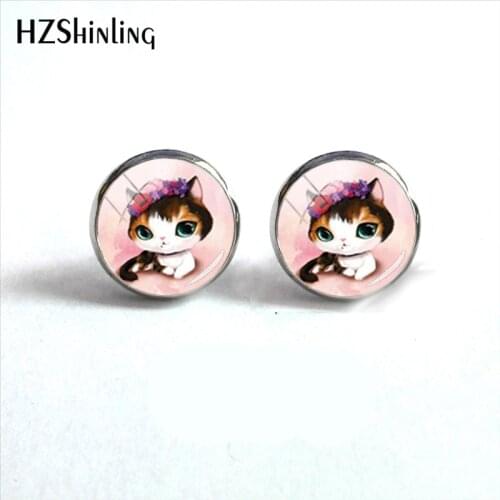 Cute Cartoon Kitten Anime Style Glass Dome Round Earrings Jewelry Little Cats Baby Stainless Steel Earrings for Ladies Girls