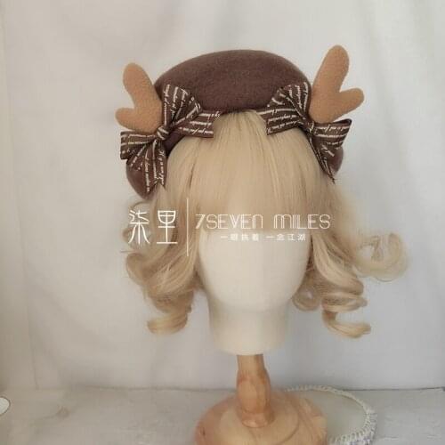 Soft Sister Japanese Lovely Christmas Deer Ear Berets Handmade Lolita Womens Young Girl Painter Hat Sweet Bowknot Dome Top Hat