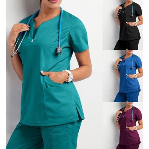 New Stretch V-Neck Scrub Top For Women Solid Short Sleeve T-Shirt Beauty Salon Nurse Uniform With Pocket Care Workers Blouse