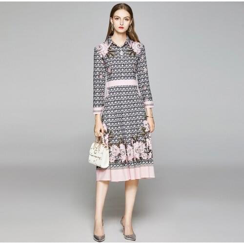 NRJ-6F-612-A-8510 Runway Dress 2020 Spring Women Long Sleeve Flower Print A-Line Dress