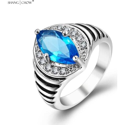 Autumn Vintage Charm Jewelry Blue Crystal Stone 925 Sterling Silver Ring for women Lover Gift Accessories R1484