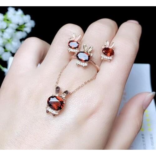 Natural garnet suit, 925 silver, lovely rabbit suit, ring necklace, special product package
