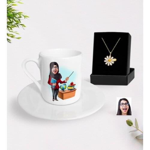 Personalized Women 'S Teacher Caricature Of Turkish Coffee cup And Is Daisy Necklace Gift Seti-7