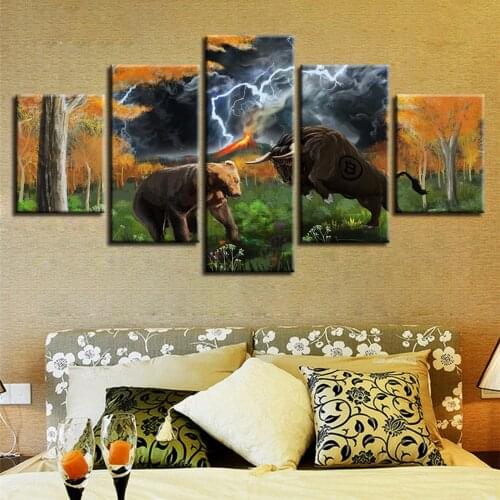 Poster Modular Canvas HD Printed 5 Pieces Animal Bear And Bull Lightning Abstract Scenery Painting Framework Art Decor