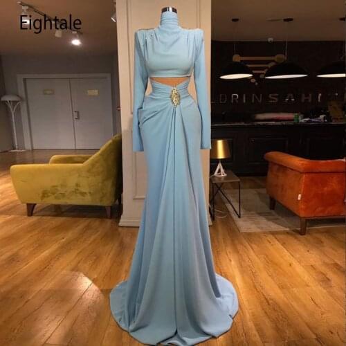 Eightale Baby Blue Evening Dress Mermaid Long Sleeves Beaded Cut Out High Neck Custom Made Arabic Prom Wedding Party Gown 2021