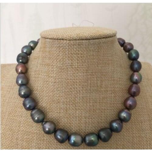 Stunning 12-13mm tahitian black green red pearl necklace 18inch 925silver