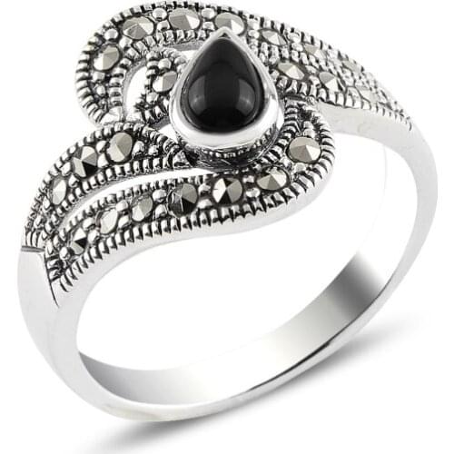 Silver 925 Sterling Onyx & Marcasite Ring