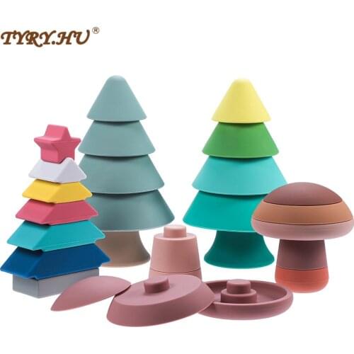 TYRY.HU 5pcs Silicone Building Block Silicone Teether Mushroom Christmas Tree Soft Block Educational Montessori Stacking Toys