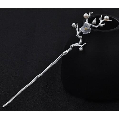 Silver 925 Jewelry Natural Pearl Blossom Hairpin White Crystal Cherry Hair Stick Classical Woman Finishing Hair Headdress