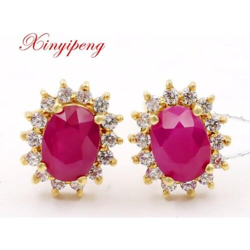 Xin yi peng 18 k yellow gold inlaid natural ruby stud earrings, women earrings, generous fashion