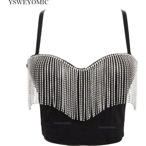 2021 New Women Crystal Camisole Tassels Chain Fashion Sexy Solid Color Cropped Top Bustier Bra Night Club Party Tank Top