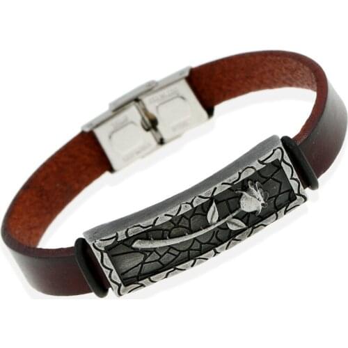 Punk Fashion Vintage Rose Genuine Leather Bracelet Stainless Steel Clasp Flower Charm Wristbands Wrap Bangle Women Retro Jewelry