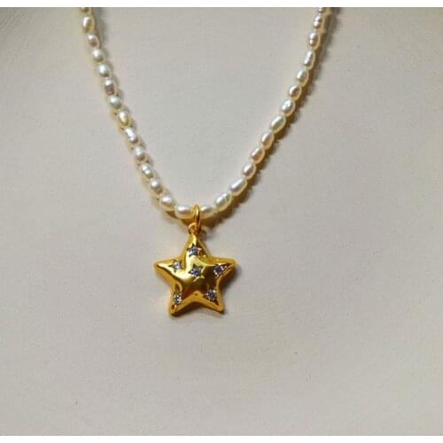 Simple retro freshwater pearl women necklace geometric five-pointed star inlaid zircon gold clavicle chain