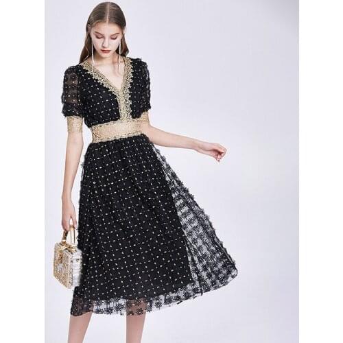 Floral Embroidery French Long Midi Dress Women Lace Mesh Party Dress Runway Short Sleeve Summer Vintage Hollow Out Luxury B559