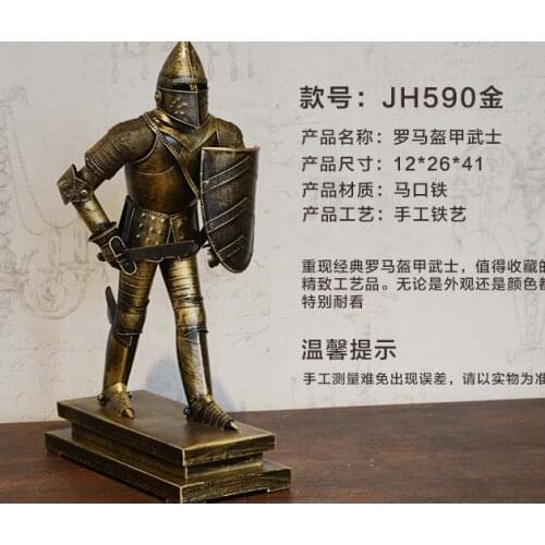 2020 TOP COOL FASHION OFFICE HOME SHOP BAR DECORATIVE ART RETRO IRON ROMAN ARMOR SHIELD WARRIOR ART STATUE-H590 41CM