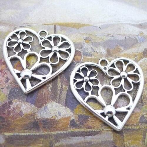 Newest 6Pieces 28*28mm Mixed Alloy Antique Silver Color Heart Flower Hollow Charms Pendant Accessory For DIY Jewelry Making