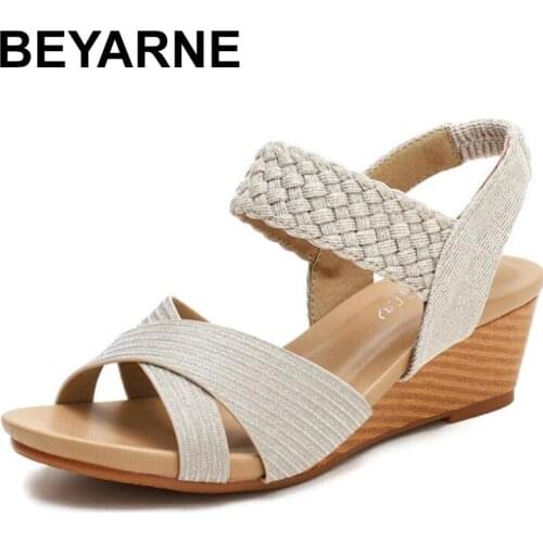 BEYARNE 2021 Sandals Women Summer Shoes Elegant Ladies Weave Rome Sandalias Fashion Female Comfortable Wedges Sandals Large Size