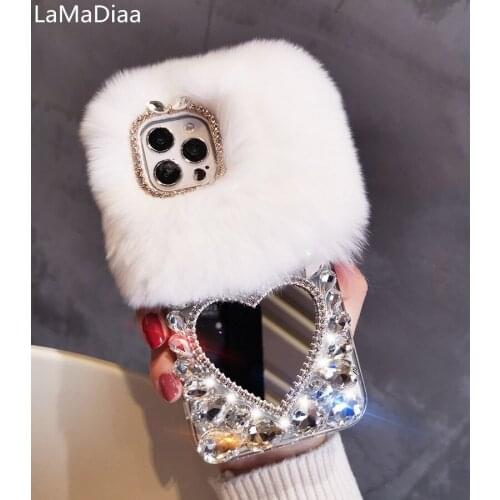 Big Diamond Rhinestone Rabbit Fur Case For Samsung S6 S7 S8 S9 S10 S20 S21 PLUS Note 5 8 9 10 20 Top Quality Luxury Bling Case