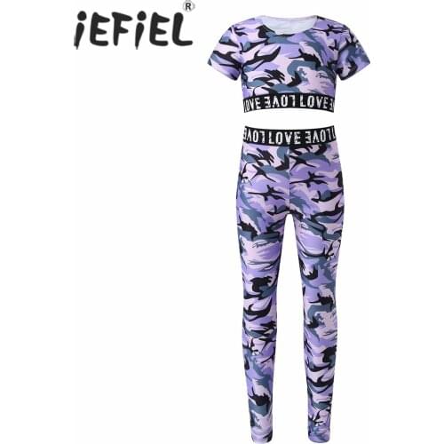 Kids Girls Workout Sleeveless Shorts Sport Suits Camouflage Tank Crop Top and Leggings Pants for Outdoor Activities
