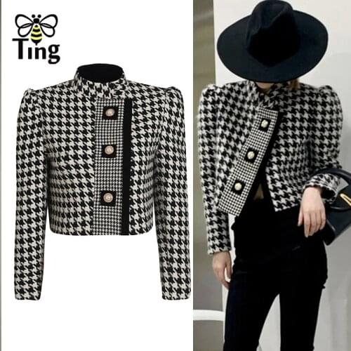 Tingfly Designer Bird Lattice Winter Short Warm Jacket Coats Women Vintage Vogue Single Breasted Button Houndstooth Outerwear Za