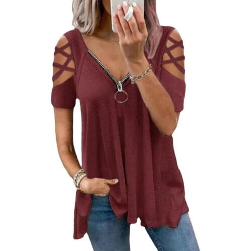 Women Fashion Summer Casual Off Shoulder Short Sleeved Tops Deep V-neck Zipper Tee Ladies Solid Color T-shirt Loose 8XL
