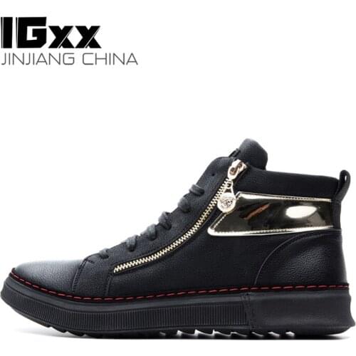 IGxx High Top Zip Boots For Men Punk Metal Casual Shoes Mens Flats Genuine Leather Motorcycle Zipper Boots Women