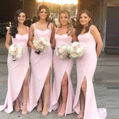 Classic Pink Bridesmaid Dresses Spaghetti Straps Front Split Sweetheart Mermaid Long Bridal Guest Wear vestido rosa palo