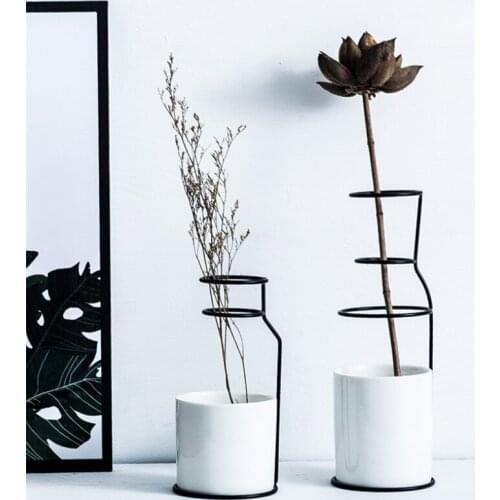 Nordic Minimalist Ceramic Flower Vase with Iron Holder Hydroponic Pot Modern Dried Flowers Container Planter Home Decoration