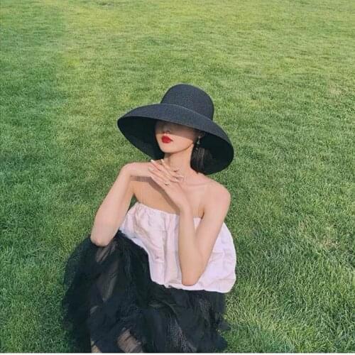 Fashion Women Panama Wide Brim Sun Hats Vacation Travel Beach Hat Foldable Solid Color Summer Straw Hat Cap Casquette Femme 2021