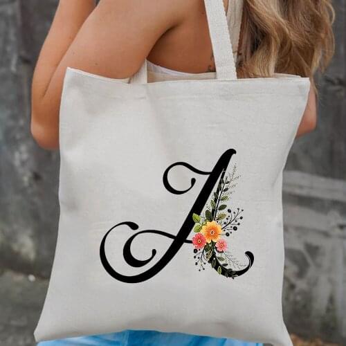 Fashion A-Z Letters Women Shopping Tote Bag White Canvas Vintage Graphic Handbags Shoulder Bags Large Capacity Travel Handbag