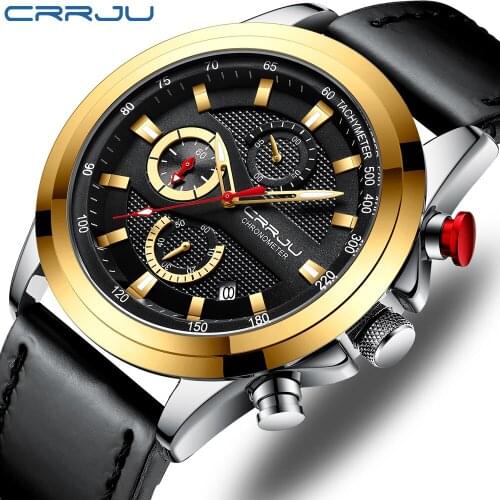 Mens Watch CRRJU Fashion Leather Watches for Mens Stainless Steel Waterproof Date Analog Quartz Man Wrist Watches reloj hombre