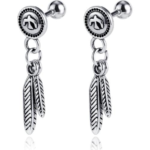 Hip-Hop Feather Mens Earrings Stainless Steel Fashion Eagle Dangle Earring for Men Male Punk Jewelry