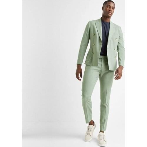 Costume Homme Handsome 2 Pieces Mint Green Men Suits Custom Made Fit Slim Double Breasted Cotton Formal Business Coat+Pants XZ81