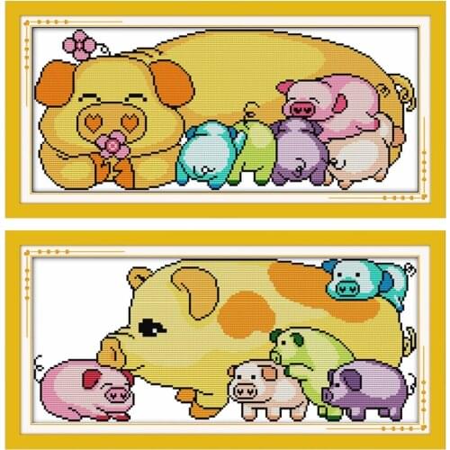 Pig dad mom family cross stitch kit cartoon print aida 18ct 14ct 11ct black hand embroidery DIY handmade needlework supplies bag