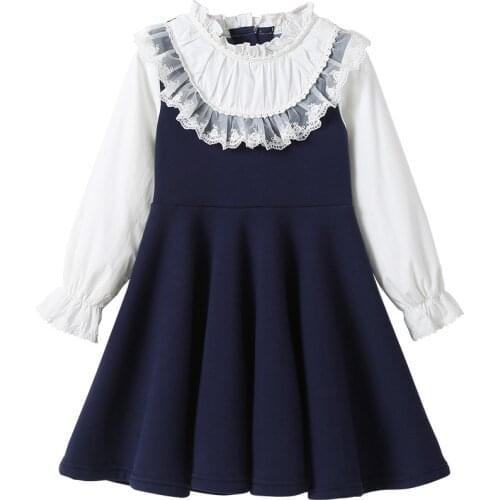 School New Girls Clothing belle Dress Baby Casual Dress Kids Patchwork Fall Clothes Children Long Sleeve Dress Blue White