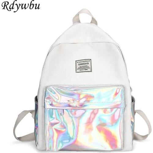Rdywbu Laser Patchwork Canvas Backpack Women Fashion Large Hologram Travel Bag Girl Shining Middle School Bag Big Rucksack B712
