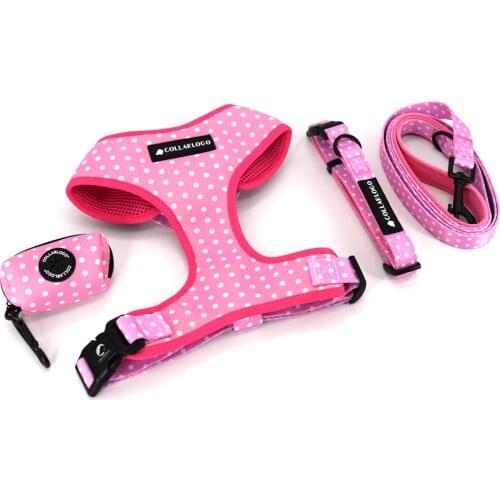 Adjustable Pet Dog Collar Durable Soft Heavy Duty Cute Creative Pink Dot Design Leash Neoprene Harness With Poop Bag Dispenser