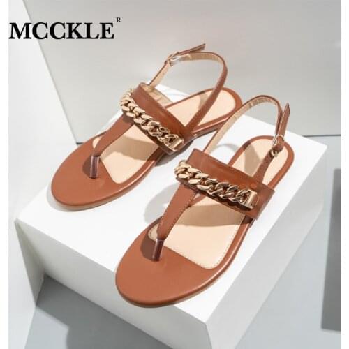 MCCKLE Women Sandals Womens Soft Leather Beach Flat Flip Flops Female Gladiator Sandals Ladies Summer Flat Shoes Plus Size