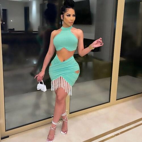 Sexy Tassel Bandage Dress Sets Women Party Club Wear Elegant 2 Piece Sets Womens Outfits Halter Crop Top and Mini Skirts Sets
