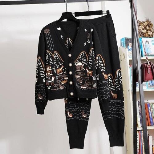 Black White Tracksuits Women Knitted Set Embroidery Sweater Pencil Pants Outfits Female Loose 3 Color Casual Knitting Suit 2pc