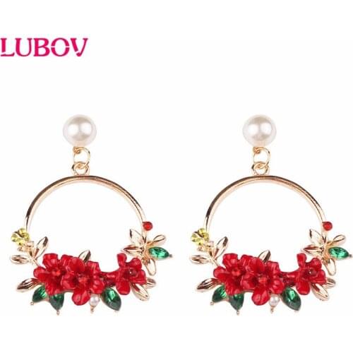 LUBOV Elegant Pink Flower Earrings For Women Girls Jewelry Female Rhinestone Gold Metal Round Circle Drop Earrings Gifts 2019