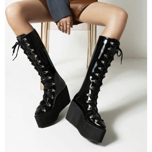 2021 Ladies Cross Tied Knee High Boots Autumn Winter Punk Style Fashion Wedge Rider Boots Patent Leather Plus Size Womens Shoes