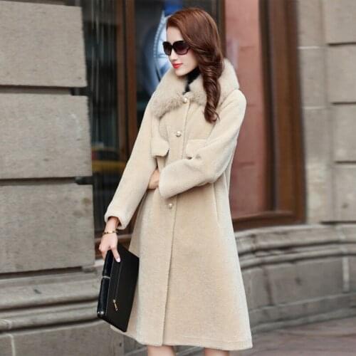 Real Women Winter Clothes Coat Female Fox Fur Collar Long Sheep Shearling Wool Jacket Casaco Feminino Inverno 2922 KJ
