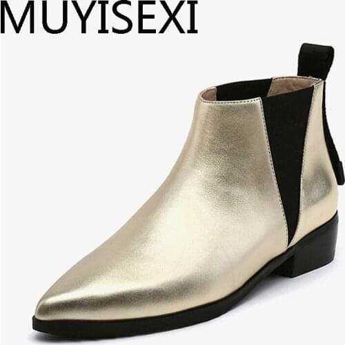 Gold Chelsea Boots 3cm Low Heel Women Ankle Boots Pointed Toe Botas Mujer Ladies Slip-on Short Booties for Autumn HL180 MUYISEXI