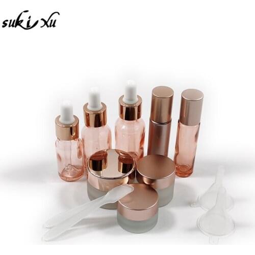 12pcs High-end Pinky Skincare Set Refillable Glass Dropper/pipeite Bottle for Oils/serum face/body/hand cream Jar Travel Set